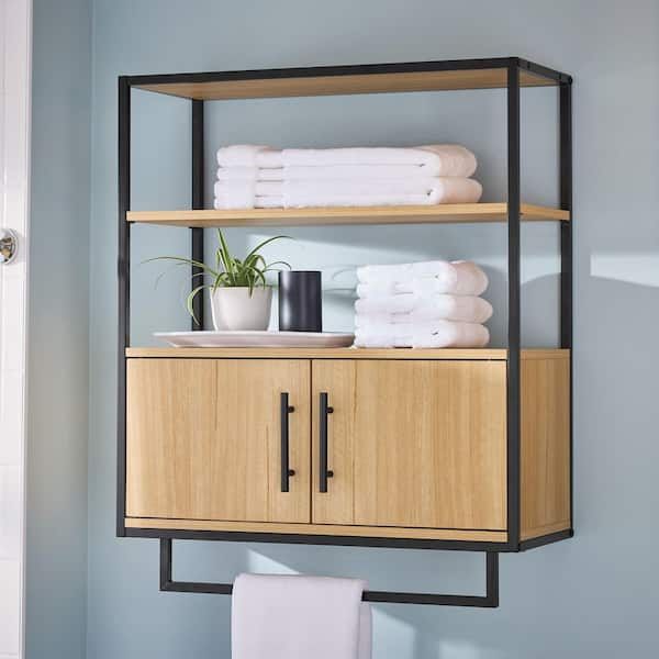 26 in. W x 11 in. D x 32 in. H Mixed Material Rectangular Bathroom Storage Wall Cabinet in Natural Oak