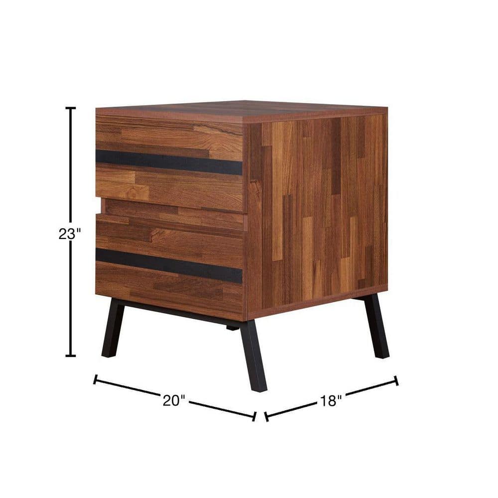 Walnut Brown and Black Wood End Table with Metal Legs and Storage