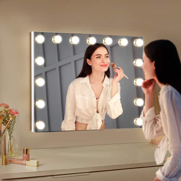 22 in. W x 18 in. H Rectangular Framed LED Bulb Hollywood Tabletop Bathroom Makeup Mirror in White with 3-Color Lights