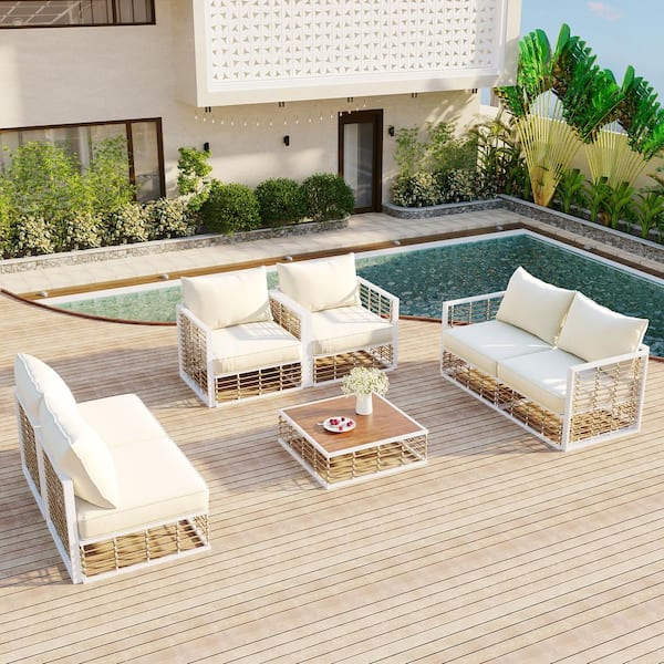 Unbranded 7-Piece Wicker Outdoor Sectional Set with Adjustable Bracket and Storage Coffee Table in Khaki Cushions