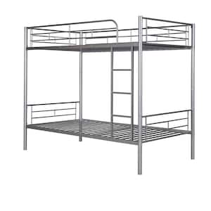 Silver Twin Over Twin Metal Bunk Bed, Twin Size Bunk Bed Frame with Ladder and Safety Rail, Can be Divided into Two Beds
