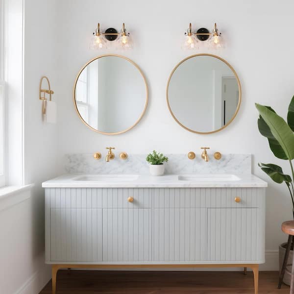 14.6 in. 2-Light Black and Brass Bell Bathroom Vanity Light with Clear Glass Shades