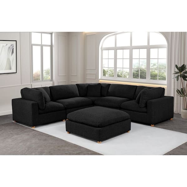 Dexter 120 in W. Straight Arm 6-Piece Boucle Fabric Modular Sectional Sofa in. Black Color