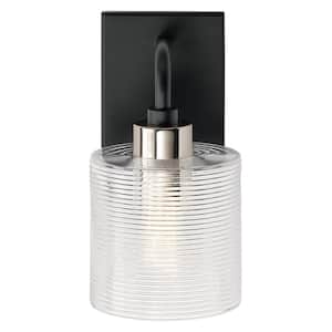 Harvan 9.25 in. 1-Light Black Bathroom Indoor Wall Sconce Light with Clear Ribbed Glass