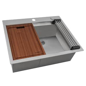 16 Gauge Stainless Steel 23 in. x 20 in. 1-Hole Drop-in Topmount Single Bowl Workstation Bar Prep Kitchen Sink