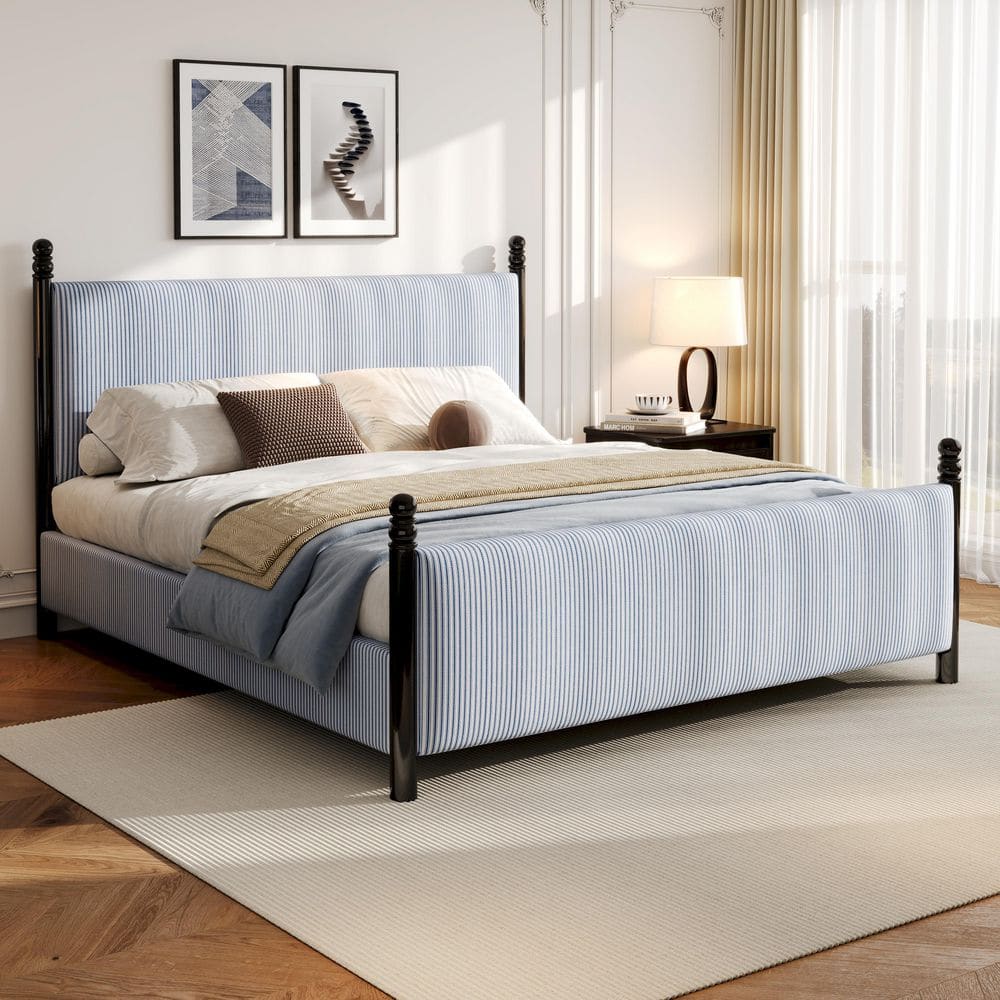 Bunny Black+ Blue White Stripes Fabric Upholstered Wood Frame Queen Size Platform Bed with Headboard, Rubberwood Posts