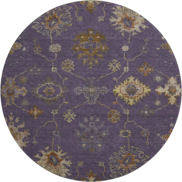 Mayfield Premium Machine Washable Abstract AMF2045 Eggplant 8 ft. x 8 ft. Round Rug