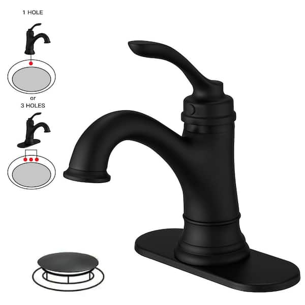 Single Handle Farmhouse Bathroom Faucet in Matte Black with Deck Plate and Drain
