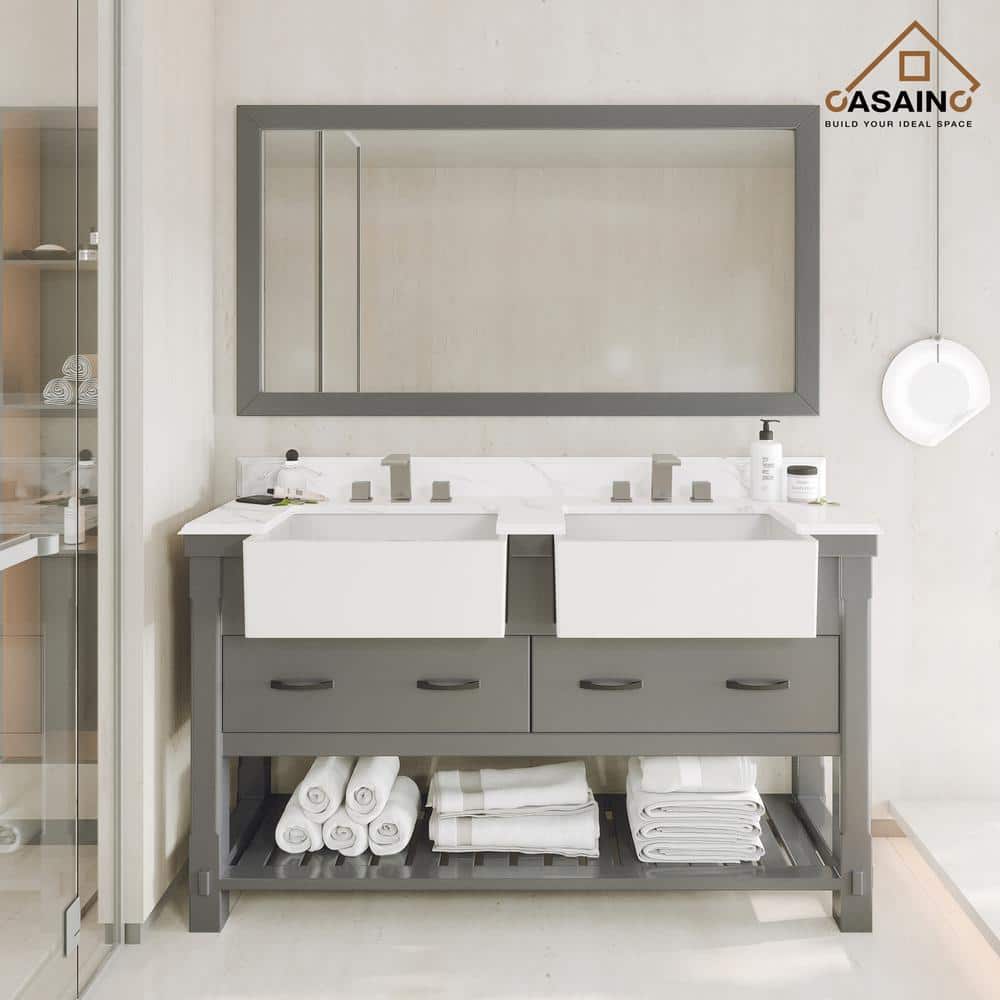 60'' Gray Solid Wood Double Bathroom Vanity with Quartz Top and Mirror
