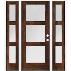 64 in. x 80 in. Modern Douglas Fir 3-Lite Left-Hand/Inswing Frosted Glass Red Mahogany Stain Wood Prehung Front Door