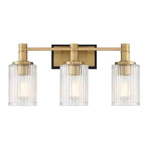 Concord 22 in. 3-Light Matte Black with Warm Brass Vanity Light with Ribbed Glass Shades