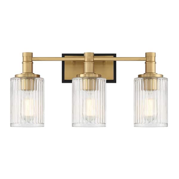 Savoy House Concord 22 in. 3-Light Matte Black with Warm Brass Vanity Light with Ribbed Glass Shades