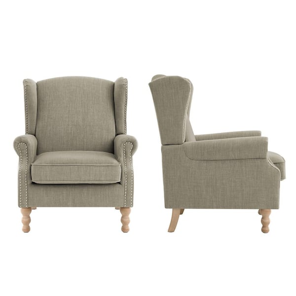 OrangeOne Gray Green Linen Wingback Chair Set of 2 with Nailhead