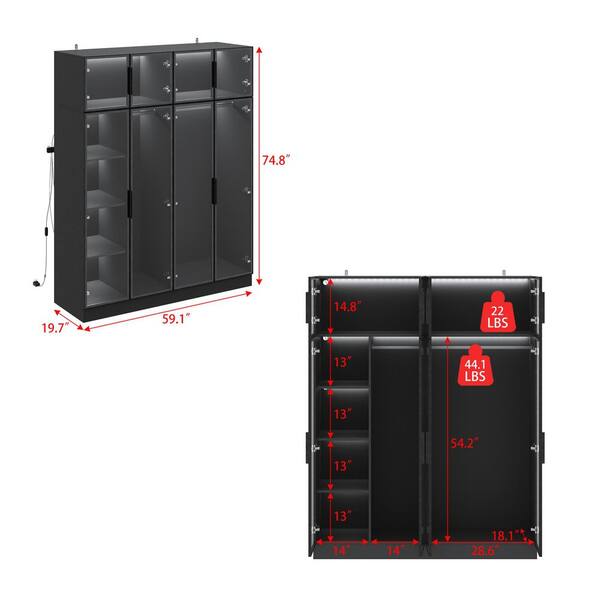 FUFU&GAGA 1-Piece Black Wood 118.1 in. W Queen Bedroom Wardrobe