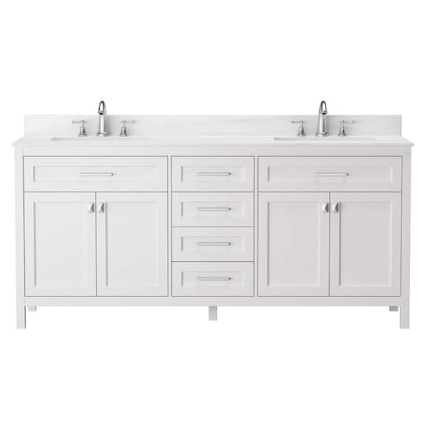 HBEZON Aphrodite 72 in. W x 22 in. D x 34 in. H Freestanding Bath Vanity in White with White Marble Top Double Sink