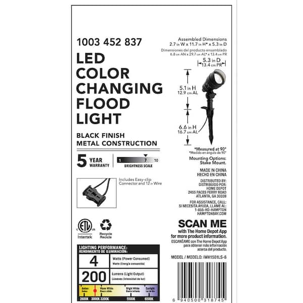 Hampton Bay 50-Watt Equivalent Low Voltage Millennium Black Adjustable  Color Integrated LED Outdoor Landscape Flood Light (4-Pack) IWH1501L-3-4PK  - The Home Depot