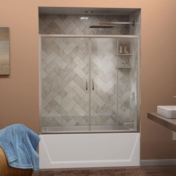 DreamLine Visions 56-60 in. W x 0 in. D x 58 in. H Semi-Frameless Sliding Tub Door in Brushed Nickel