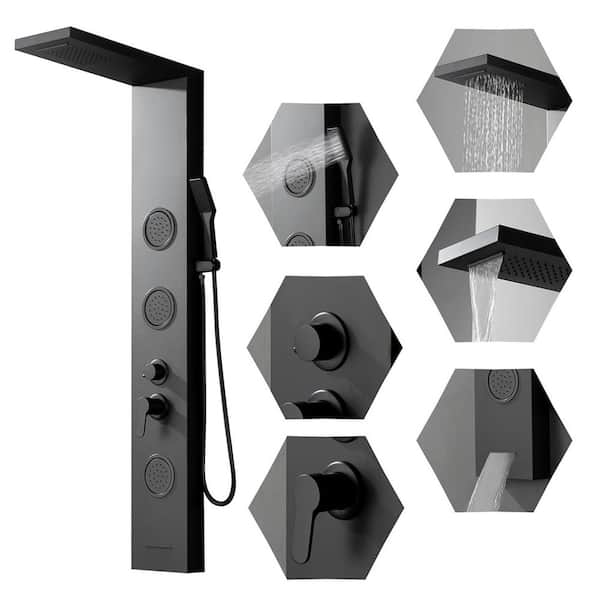 3-Jet Rainfall Shower Panel System with Rainfall Shower Head and Shower Wand in Black