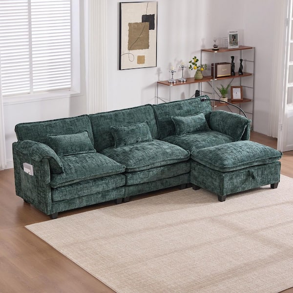 110 in. Modern Oversized Chenille 4-Piece L-Shaped Charge Sectional Sofa With Storage Ottoman And Phone Holder in. Green