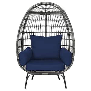 Gray Wicker Stationary Oversized Egg Chair Lounge Chair with Stand and Navy Blue Cushion