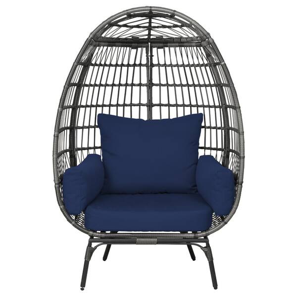 UPHA Gray Wicker Stationary Oversized Egg Chair Lounge Chair with Stand and Navy Blue Cushion