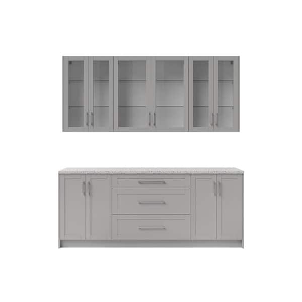 NewAge Products Home Bar Gray Cabinet Set with Granite Countertop and Glass Doors (7-Piece)