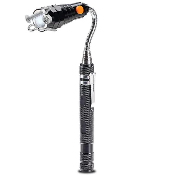 Extendable Magnetic Flashlight with Telescoping Magnet Pickup Tool, Extendable stem, flexible neck, Magnet head, base