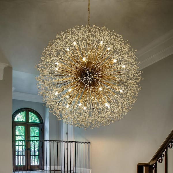 Calzada 59 in. 30-Light Brass Crystal Firework Chandelier with Included Bulbs, Modern Glam Dandelion Ceiling Fixture