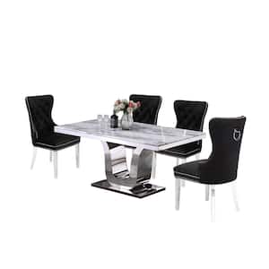 Ada 5-Piece White Marble Top Stainless Steel Base Table Set, 4-Black Velvet Chairs with NailHead Trim And Back Handle