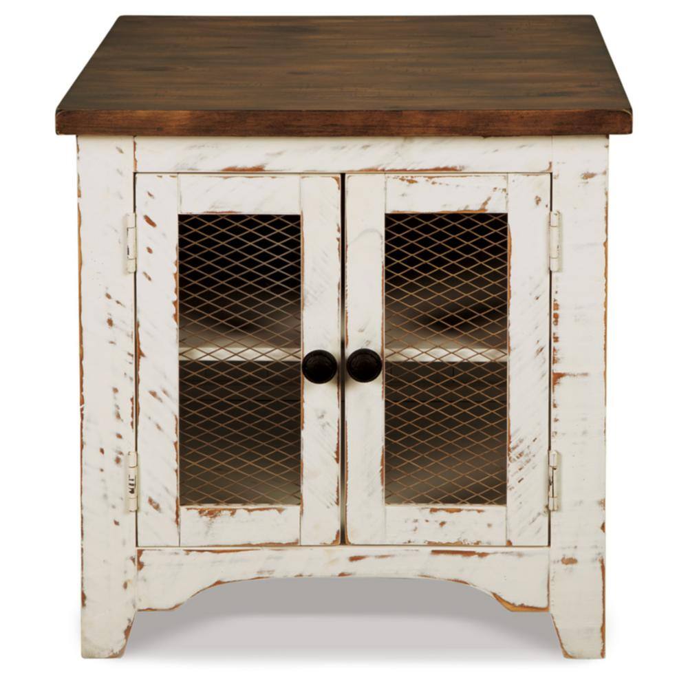 Rustic White and Brown Wood End Table with Storage