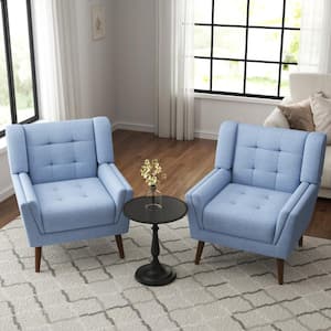 Blue Linen Upholstered Armchair with Wood Frame (Set of 2)