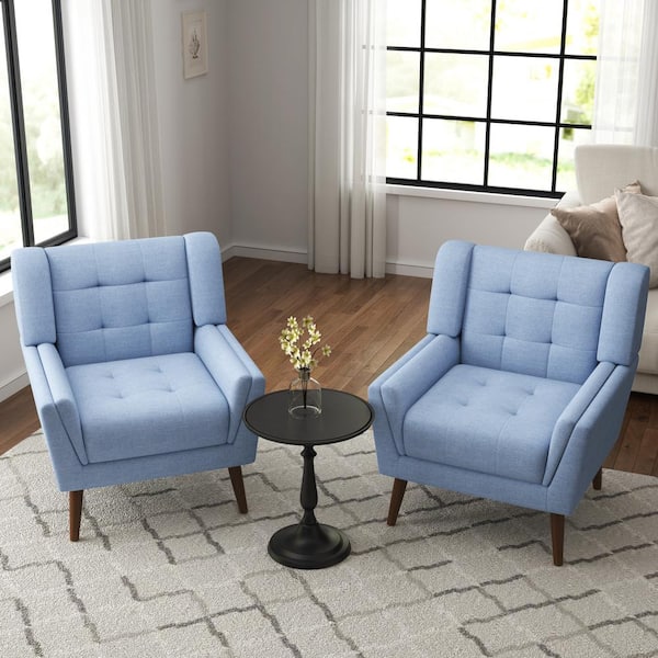 Uixe Blue Linen Upholstered Armchair with Wood Frame (Set of 2) CH0034 ...