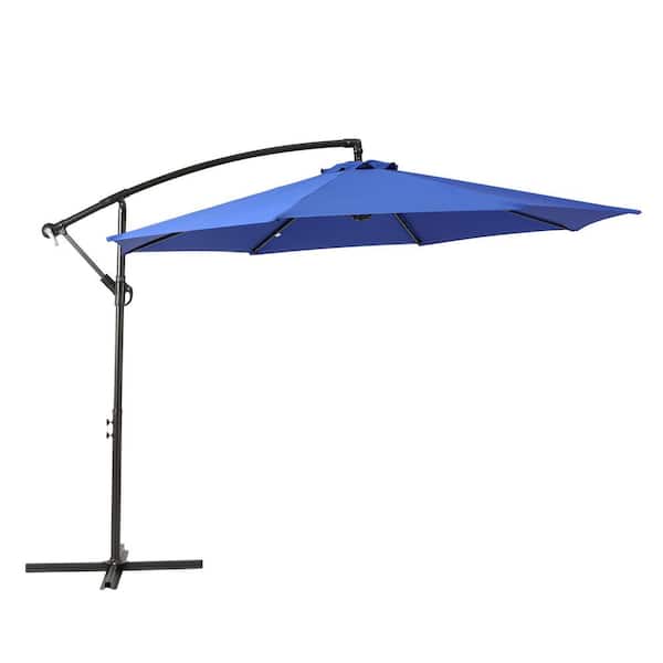 Bayshore Outdoor 10 ft. Hanging Offset Cantilever Patio Umbrella with Easy Crank Lift and Cross Base in Royal Blue