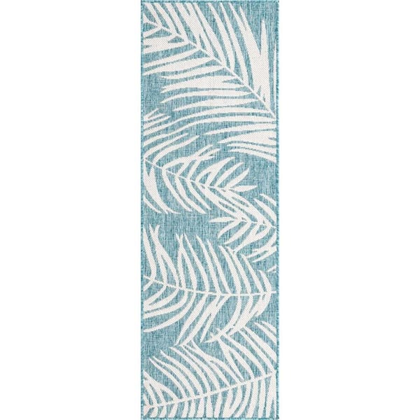 Unique Loom Outdoor Botanical Palm Light Aqua 2 ft. x 6 ft. 1 in. Area Rug