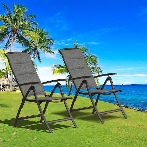 Set of 2 Aluminum Frame Outdoor Reclining Sling Chairs-Folding Patio Lawn Dining Chairs, Padded Textilene