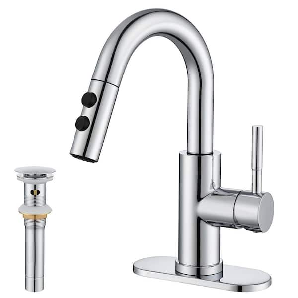 GAGALIFE Single Handle High Arc Bathroom Sink Faucet with Pull Out Sprayer and Pop Up Drain in Brushed Chrome