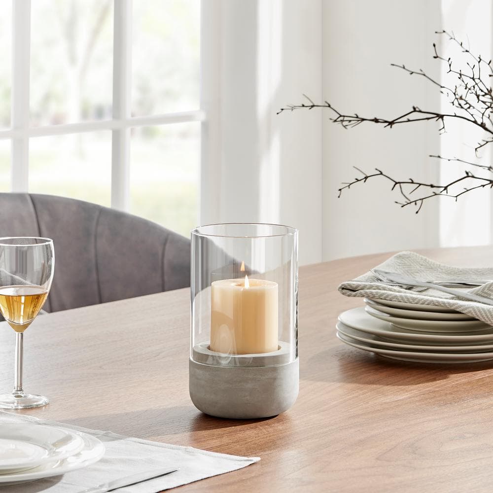 Small Cool Gray Cement Base and Glass Hurricane Candle Holder