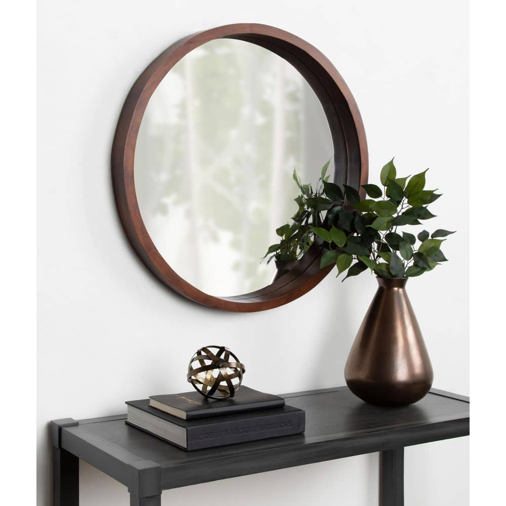 Hutton 22" Modern Round Walnut Wood Frame Wall Mirror
