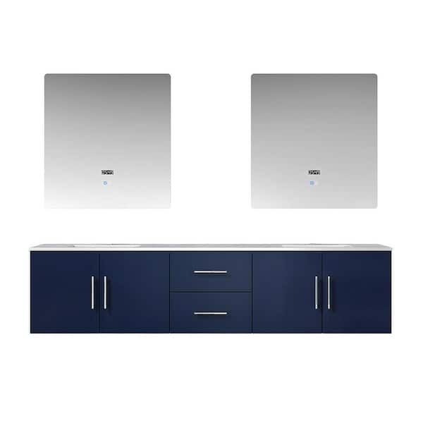 Geneva 80 in. W x 22 in. D Navy Blue Double Bath Vanity, Carrara Marble Top and 30 in. LED Mirrors