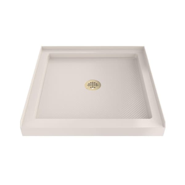 SlimLine 36 in. L x 36 in. W Alcove Square Biscuit Shower Pan Base with 2 in. Round Center Drain in Polished Brass