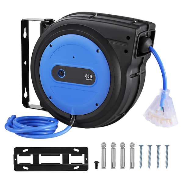 80 ft., 12-Gauge / 3-Conductors, 15 Amps Retractable Extension Cord Reel with 3-Outlets, Heavy Duty 12AWG / 3C SJTOW