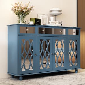 Blue Paint 4-Mirrored Doors Storage Cabinet Buffet Cabinet with 3-Mirror Drawers and Adjustable Shelves