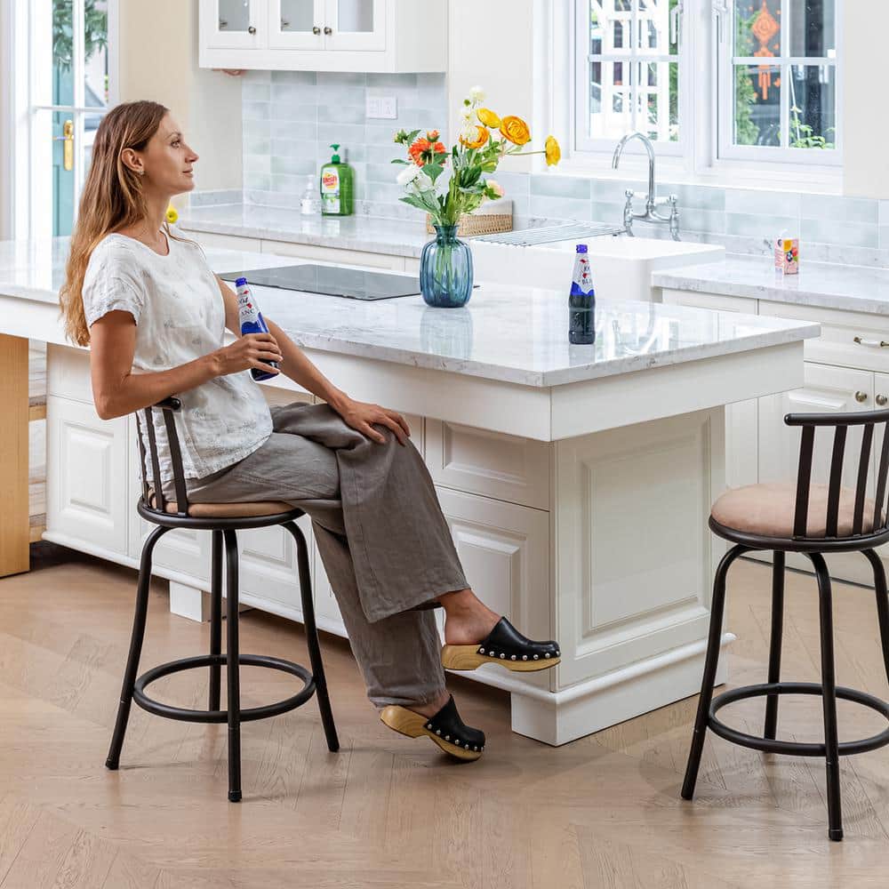 FurnitureR Brown Velvet 24'' Swivel Adjustable Counter Stool