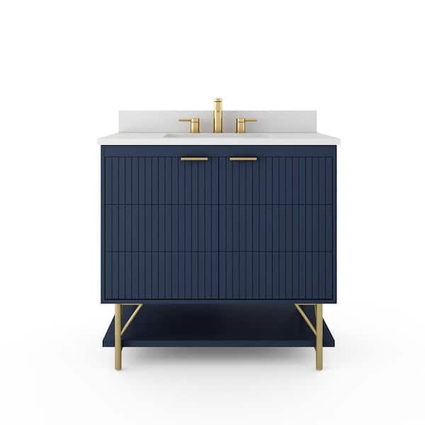 SCOTT LIVING Calletano 36 in. W x 20 in. D x 34.5in. H Bathroom Vanity in Navy Blue w/Quartz Vanity Top in White w/White Basin