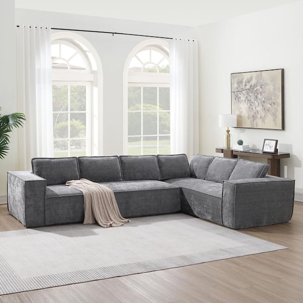 129.5 in. Chenille Fully Compressed Cloud Sectional Sofa in. Gray