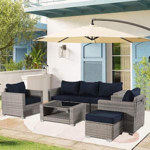 Outdoor Grey 7-Piece Wicker Patio Conversation Set with Blue Cushions