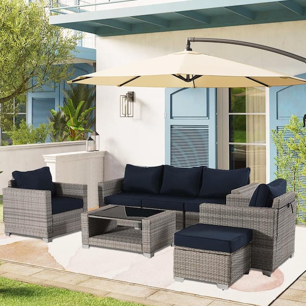 Cesicia Outdoor Grey 7-Piece Wicker Patio Conversation Set with Blue Cushions