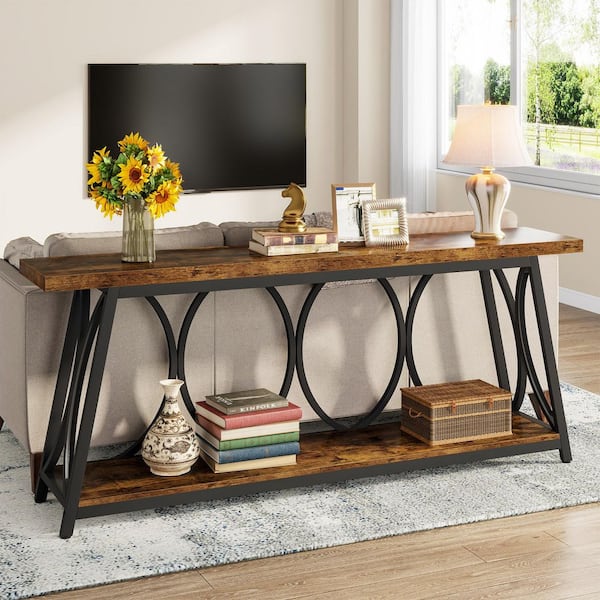 BYBLIGHT Turrella 71 in. Brown Rectangle MDF Console Table with 2 Tier Shelf, Extra Long Sofa Table Behind Couch Entryway Table