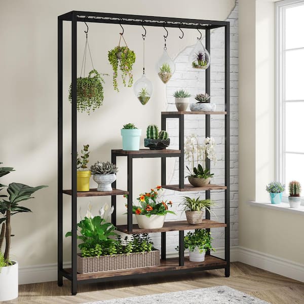 BYBLIGHT Wellston 70.86 in. Brown 5-Tier Wooden Indoor Plant Stand, Tall  Flower Rack with 10-Hook BB-JW0254GX - The Home Depot
