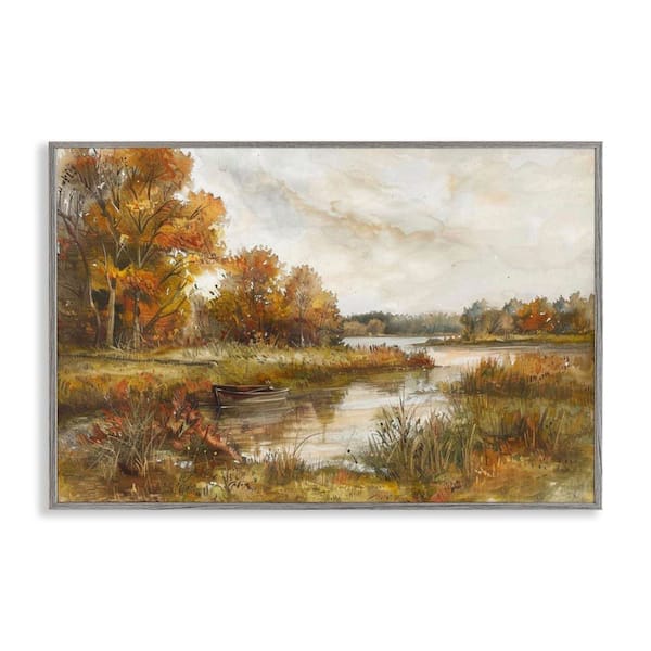 Fall Scenic River Boat by LSR Design Studio Gray Framed Nature Giclee Art Print 20 in. x 30 in.